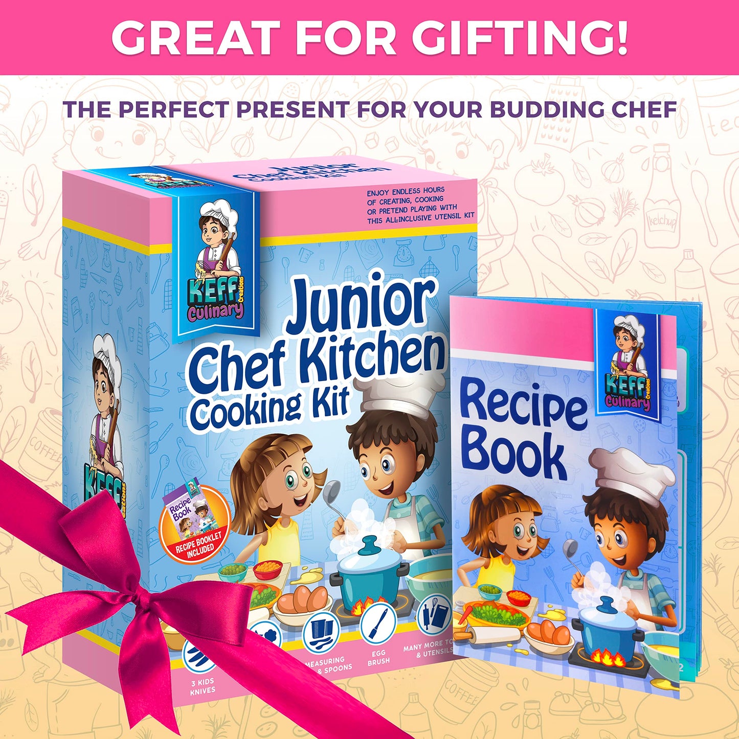 KEFF Kids Cooking and Baking Sets for Girls, Boys, Toddler with Real Kitchen Tools - Master Chef Jr Kit Includes Apron, Chef Hat