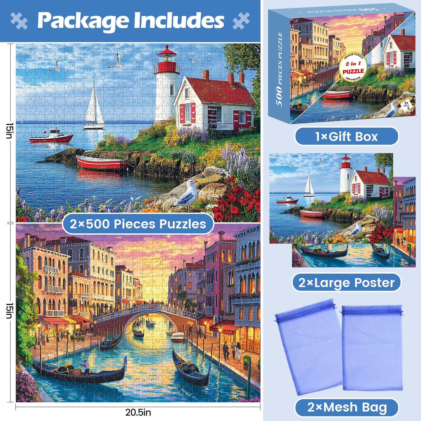 2 Pack 500 Pieces Puzzle for mature-themeds Beach Jigsaw Puzzles 500 Pieces City Building Puzzles Scenery Puzzle 500 Piece enhanced Cardboard Jigsaw Puzzle for Tabletop Challenging Family Activity Gift Toy