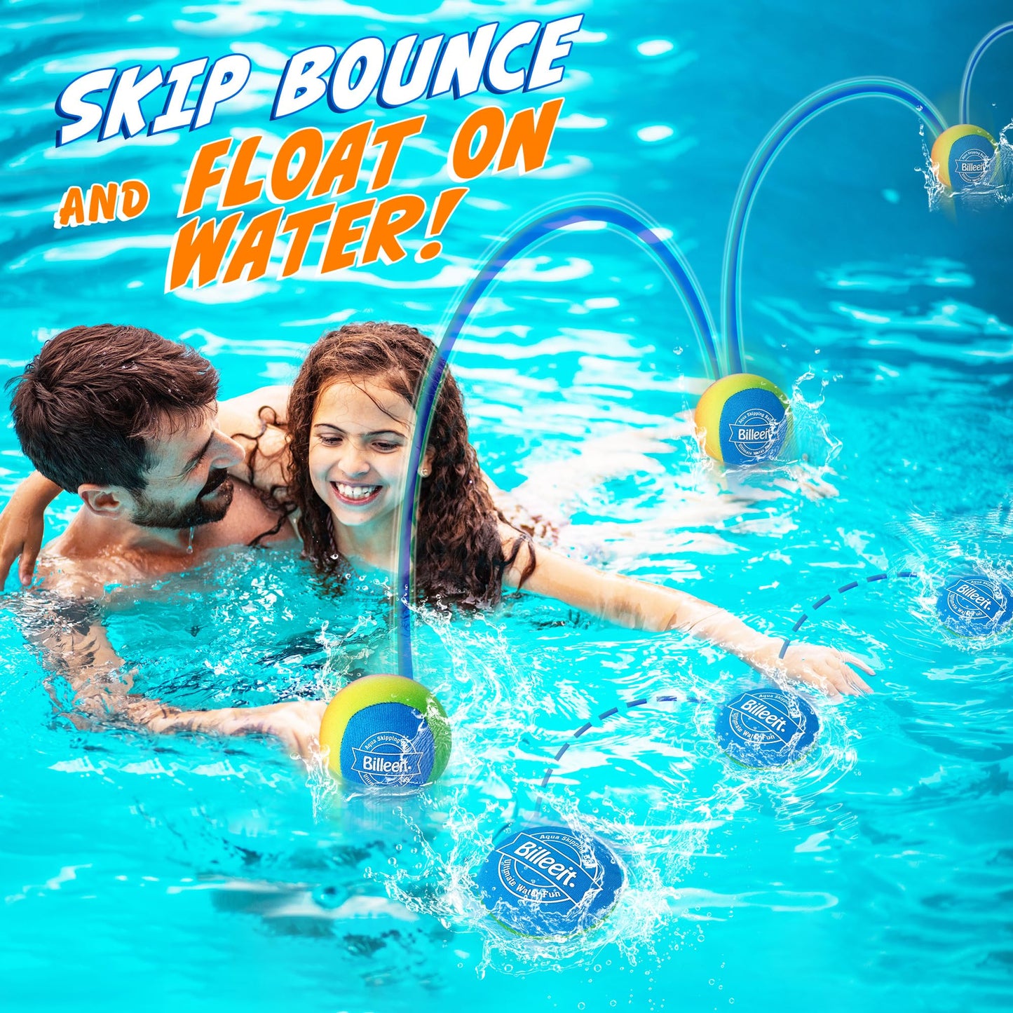 Billeeit Water Skipping Balls Set for Pool Play, Include 1 Rugby, 2 Balls and 2 Discs, Rainbow Color Splash Water Bouncing Balls