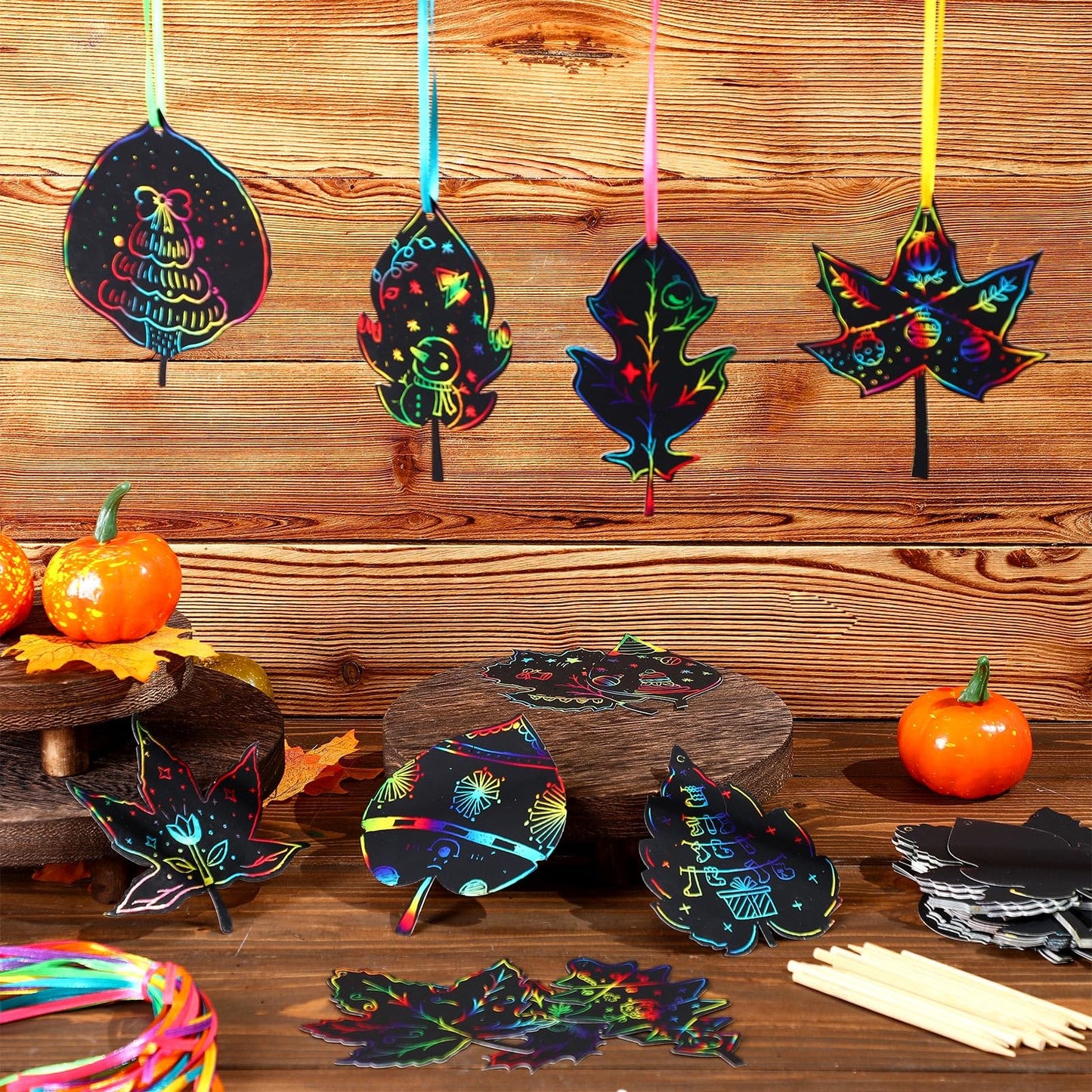 Qilery 120 Pcs Fall Thanksgiving Craft Art Activities Autumn Magic Leaves Scratch Paper Harvest Colorful Rainbow Leaf Scratch Ki