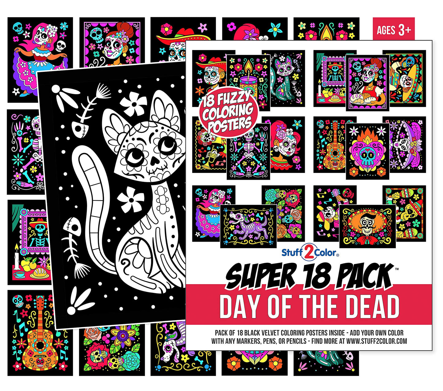 Super Pack of 18 Fuzzy Velvet Coloring Posters (Kids Themed - Day of the Dead) - Halloween and Dia de Los Muertos Coloring Craft