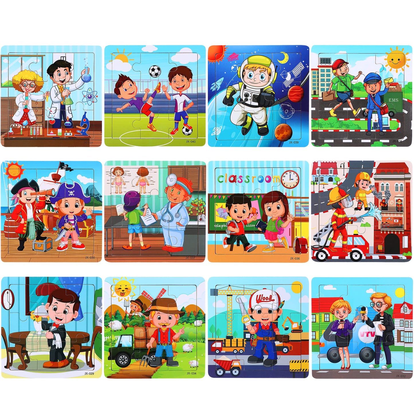 Sannix 12 Pack Wooden Jigsaw Puzzles For Toddlers, Characters Puzzles For Kids Party Favors, Educational Puzzles Learning Travel Toy With 12 Organize Bags