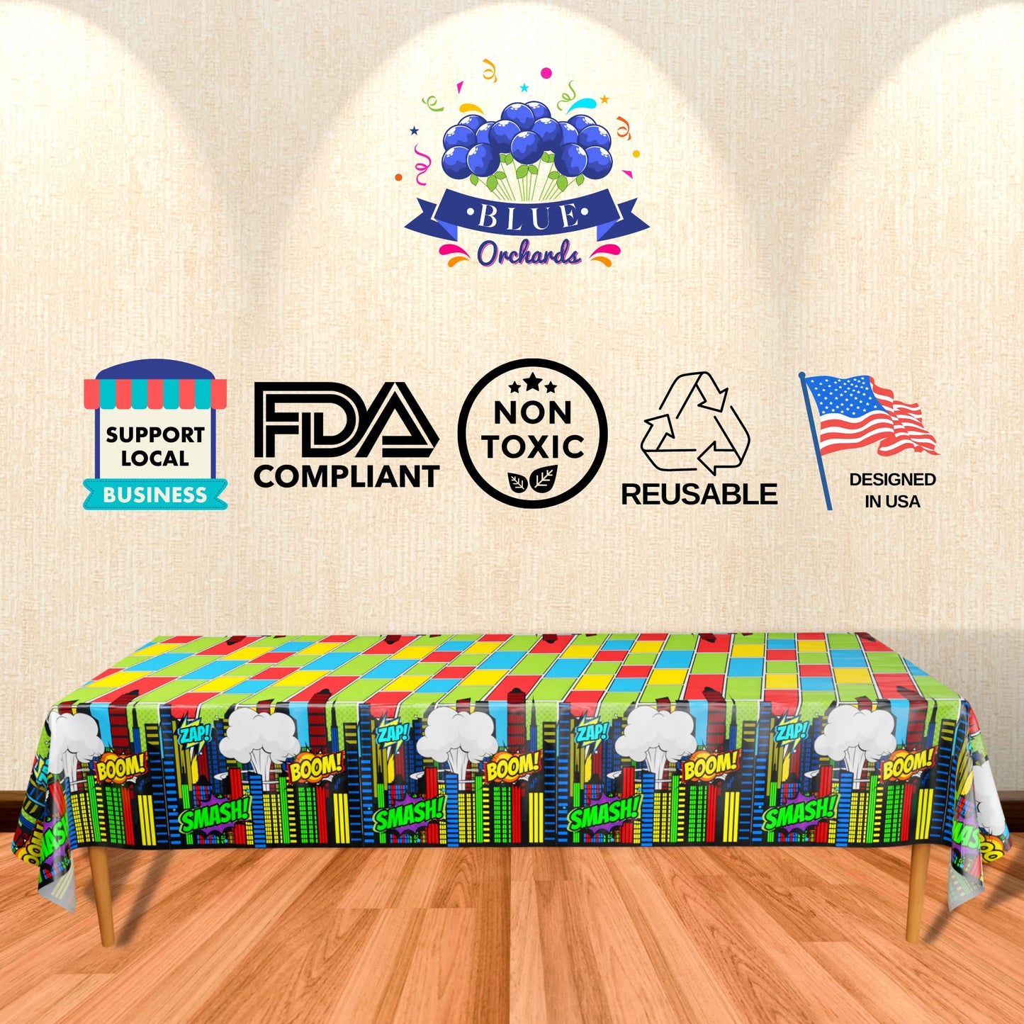 Blue Orchards Comic Superhero Table Covers (Pack of 3) 108x54 XL - Superhero Table Cloth for Parties, Superhero Party Decoration