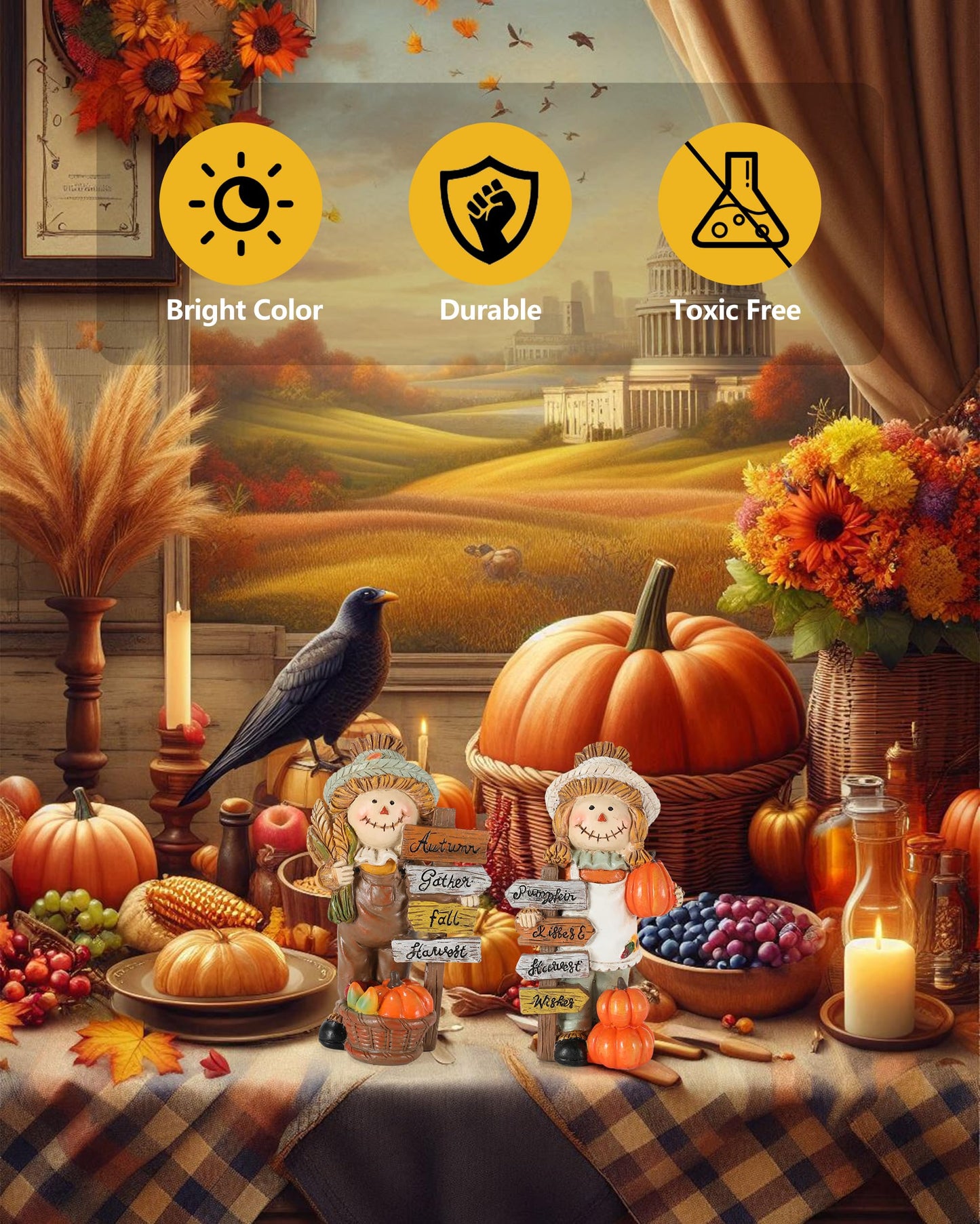 Gognome 2-Pack Thanksgiving Scarecrow Figurines With Inspirational Autumn Plaques - Durable Resin 5.5'' Thanksgiving Table Decor