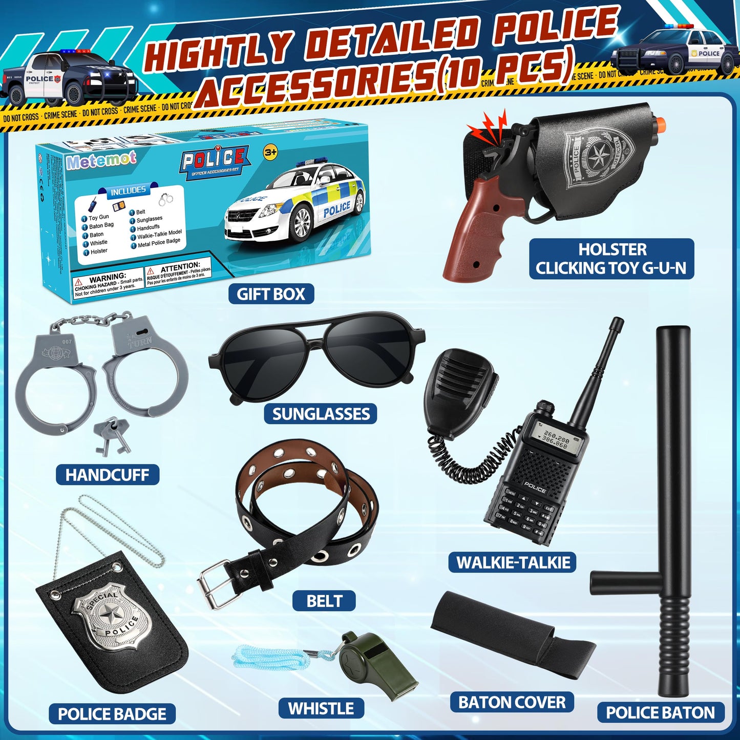 Metemot 10Pcs Police Toys, Cop Costume Accessories, Police Costume Accessories For Kids, With Police Badge, Toy Handcuffs,Hallow