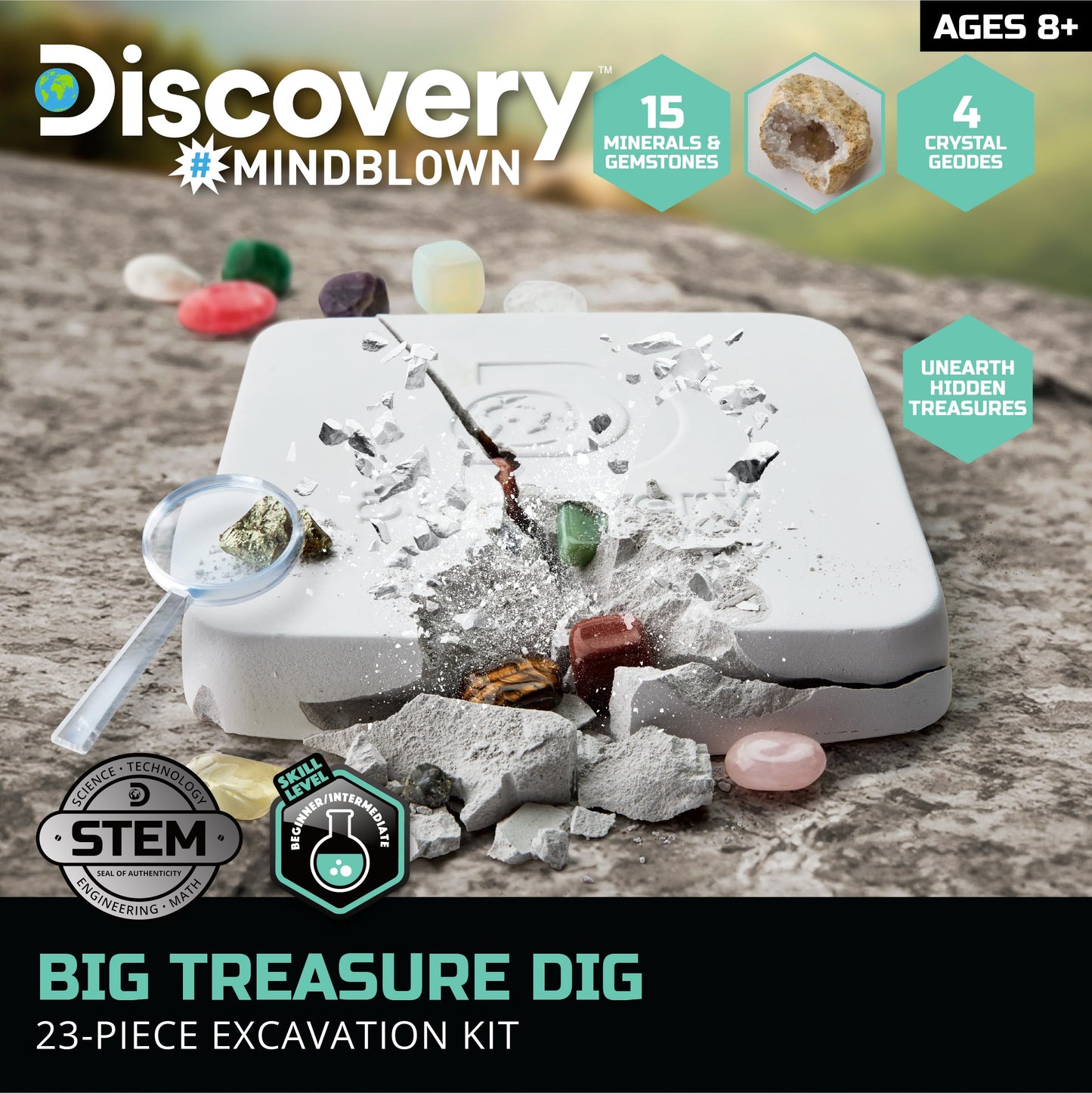 Discovery Big Treasure Dig Stem Kit - 23-Piece Excavation Set For Kids| Dig For 15 Gemstones, 4 Crystal Geodes & Pyrite Nuggets|