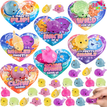 Joyin 28 Pcs Cards With Glitter Mochi Squishy Toys, Cute Sea Animals Mochi To Squeeze, Stress Relief Fidget Toys For Kids Party Favor Classroom Class Exchange Prizes