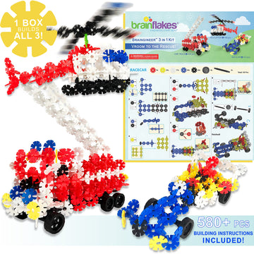 Brain Flakes 3-In-1 Building Kit With Detailed Step By Step Instructions - 580 Pieces To Build All 3 Vehicles - Wheel Pieces And Special Parts Are Included - Ages 7 And Up
