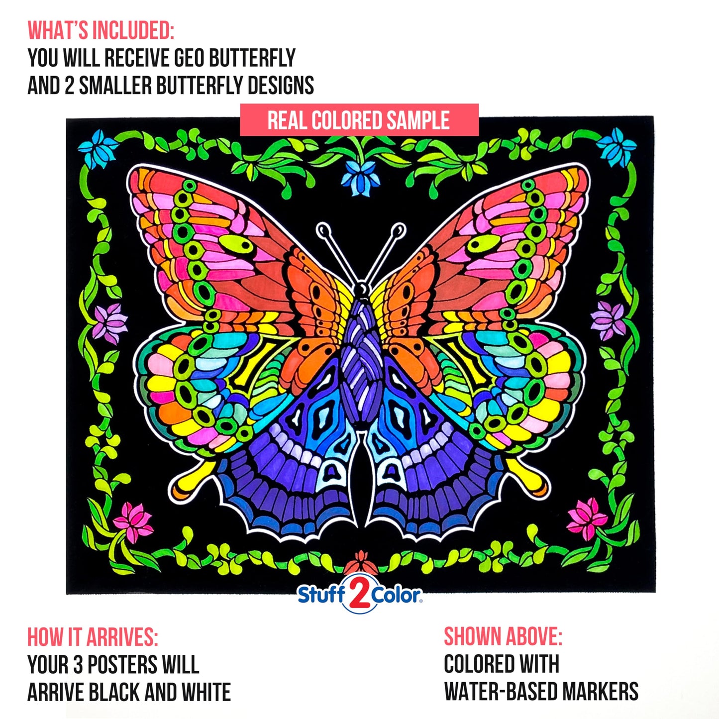 Stuff2Color Geo Butterfly - Fuzzy Coloring Poster - Includes 3 Designs to Color (1 Large, 2 Small) - for Kids, Toddlers, Kids, T