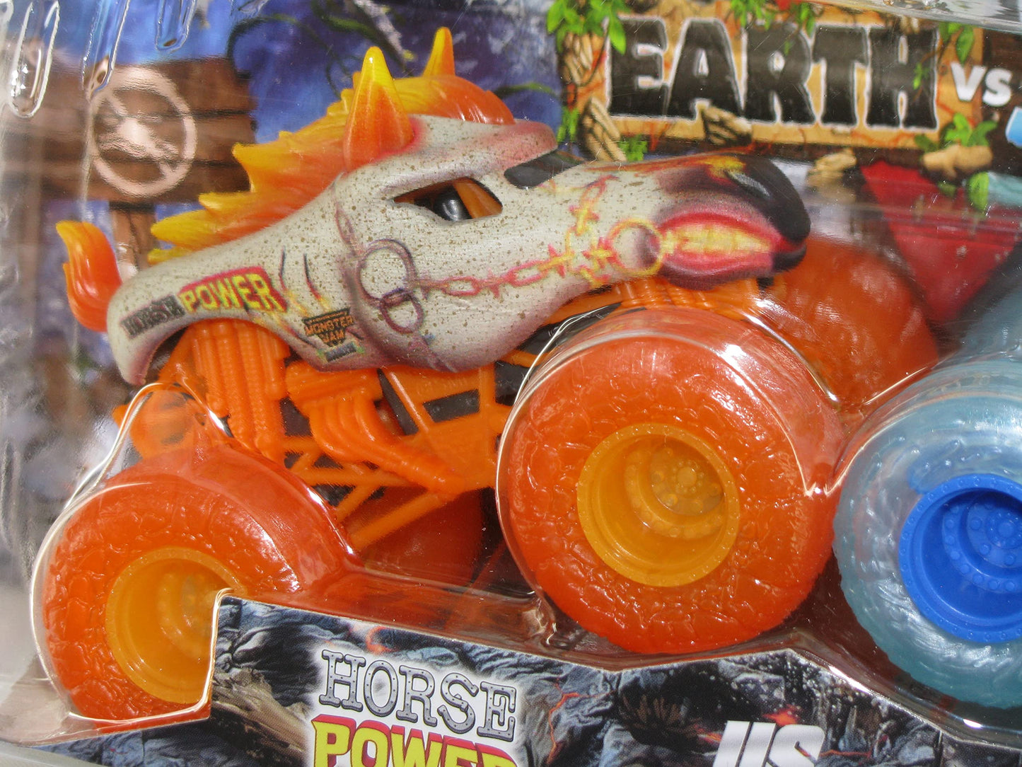 Monster Jam 1:64 Scale Double Pack - Horse Power & Aqua Stallion Trucks, Orange & Blue, 4 inches, Metal, Model 20138200