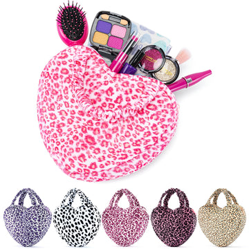 Glovelya Valentine'S Day Gifts Plush Handbag Heart-Shaped Fluffy Hand Carrying Bag In Pink And White Leopard Print, Soft And Tex
