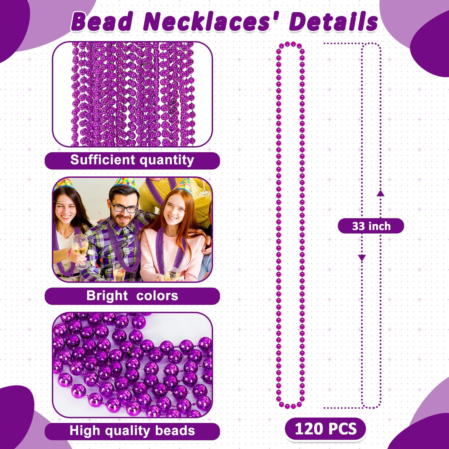 120 PCS Mardi Gras Accessories, 33'' Purple Mardi Gras Beads, Party Costume Plastic Toy Beaded Necklace, Parade Throws Bulk Part