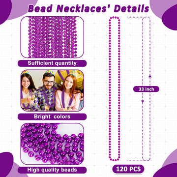 120 PCS Mardi Gras Accessories, 33'' Purple Mardi Gras Beads, Party Costume Plastic Toy Beaded Necklace, Parade Throws Bulk Part