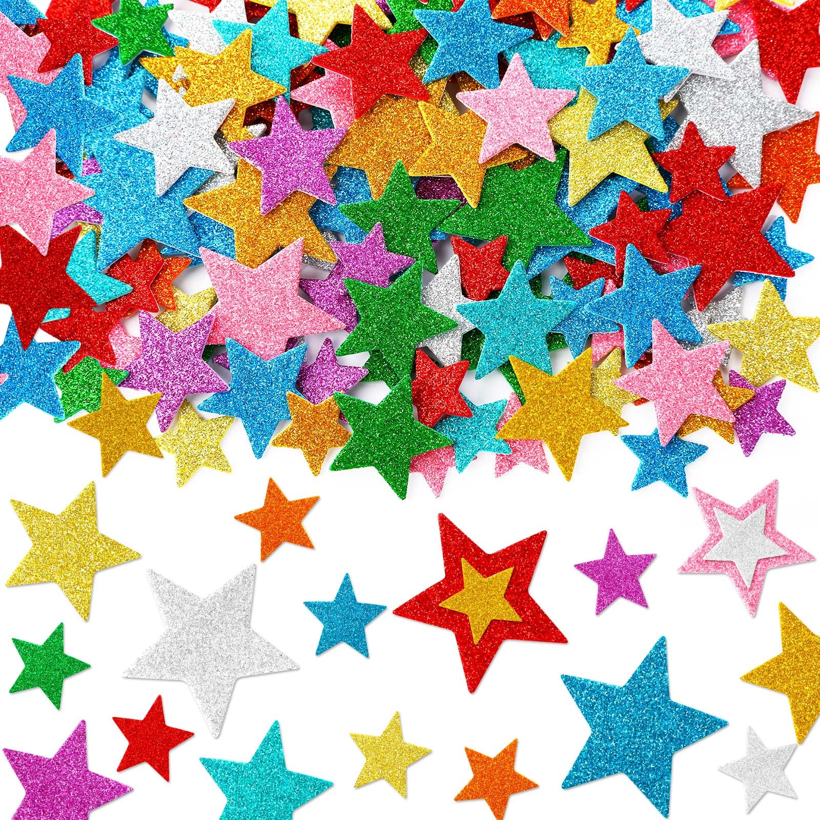 JULBEAR Colorful Glitter Star Foam Sticker, 300Pcs Stars Shapes Glitter Self Adhesive Foam Stickers for Kids Party Favors Toddle