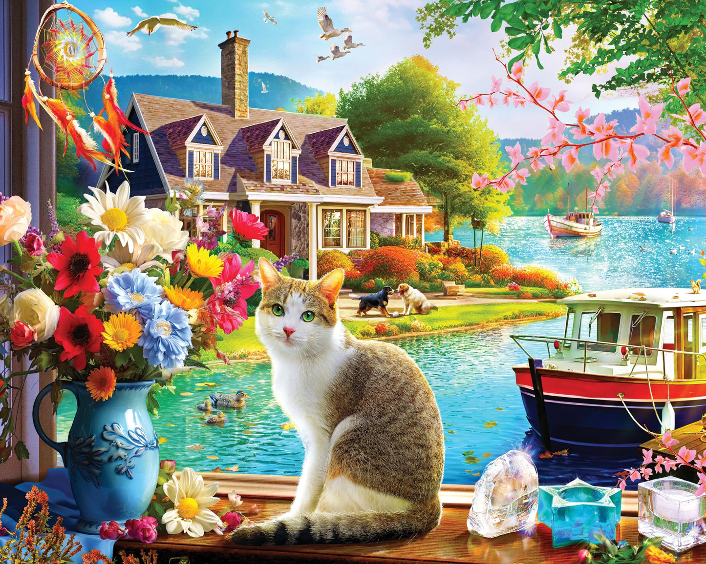 Springbok Crisp Morning 1000 Piece Jigsaw Puzzle For Adults And Families - Features A Cat Enjoying A Lakeside View - Finished Si
