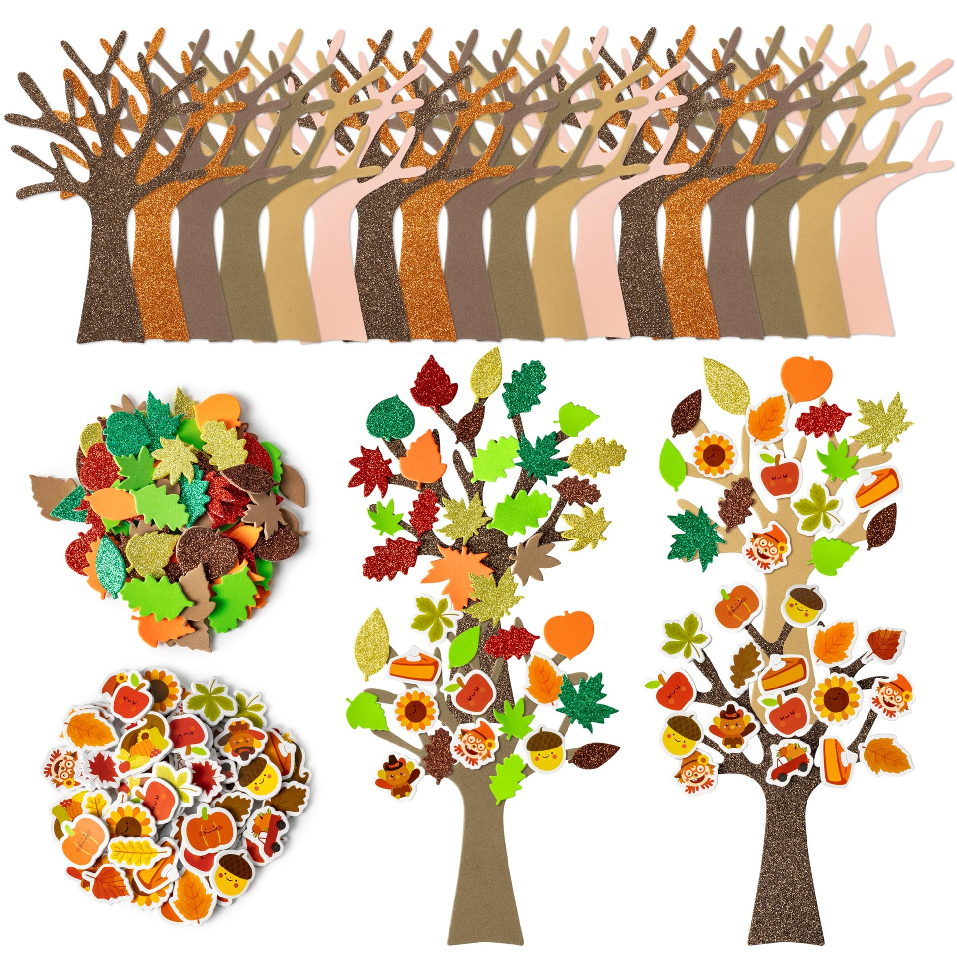 3sscha 24 Pack Fall Themed Foam Tree Sticker Craft for Kids - DIY Self-Adhesive Leaves Pumpkin Acorn Glitter Sticker Art Project