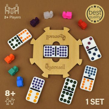 Queensell Mexican Train Dominoes Set Double 15, Dominoes Set For Adults And Family, Mexican Train Double 15 Dominoes Set Colored Dot - 136 Tiles, 9 Trains, Wooden Hub, Aluminum Case (Double 15)