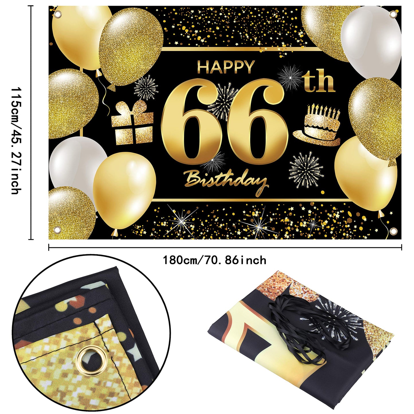 IMISI 66th Birthday Banner - Black Polyester Decorations for Men’s Birthday Party