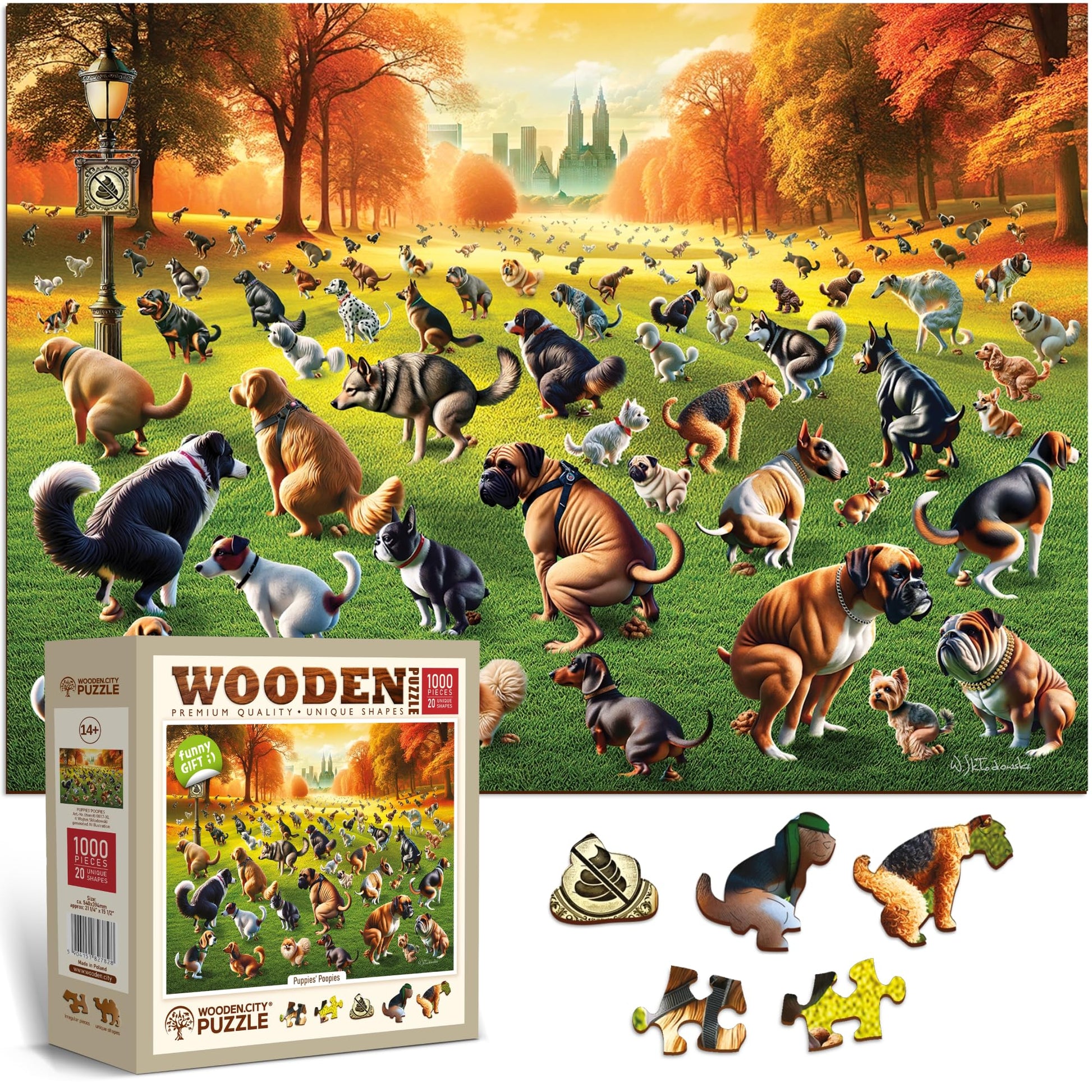 WOODEN.CITY Puppies Poopies Wooden Puzzles for mature-themeds 1000 Pieces - Made in EU - Size 21.25 x 15.5 in - Funny Gifts