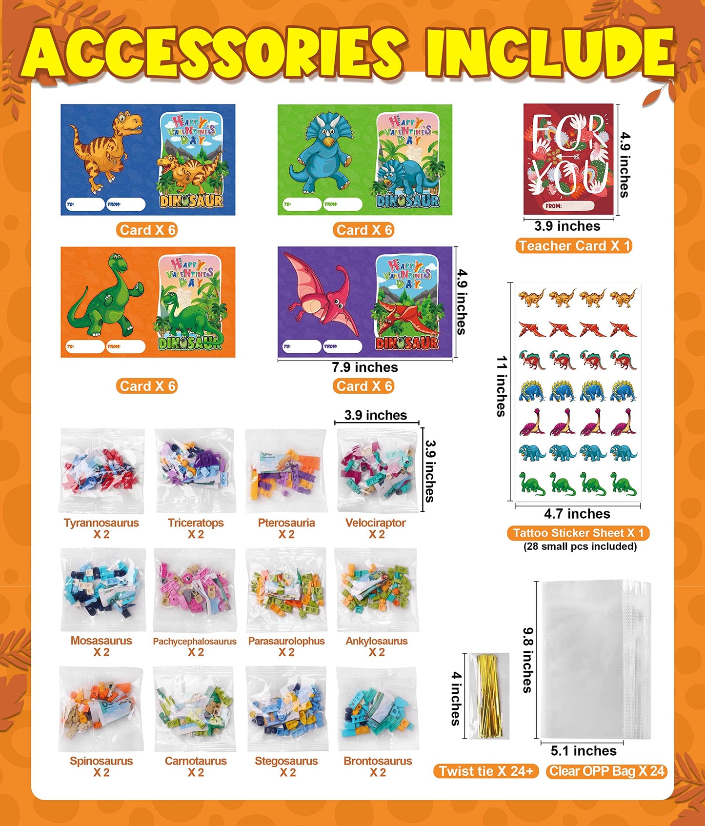 Colplay 24 Packs Valentines Day Gifts For Kids Classroom-Dinosaur Building Blocks With Valentines Day Cards For Kids School & Stickers, Exchange Valentines Party Favors Boxes For Kids Boys Girls
