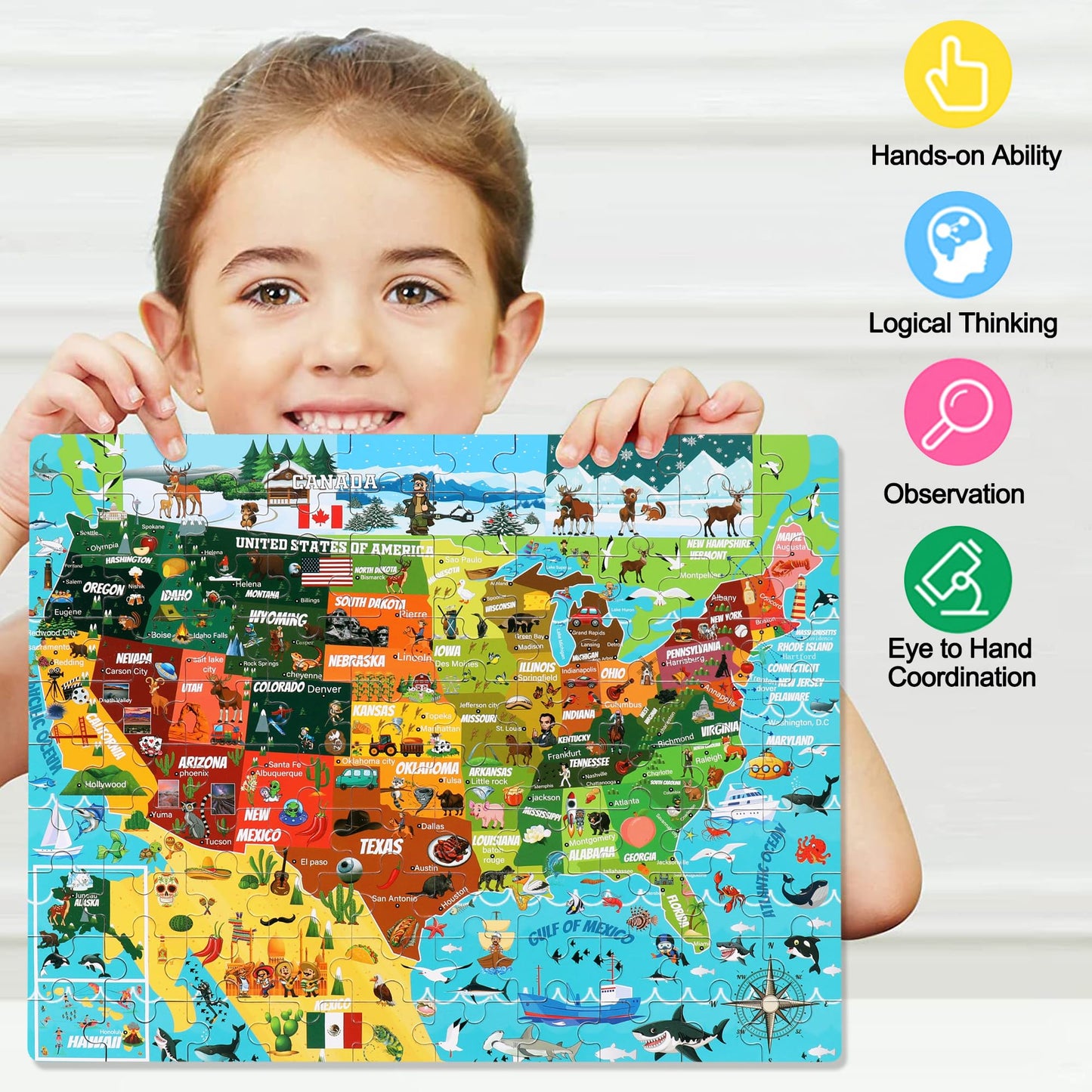 LELEMON USA Map Jigsaw Puzzle - 100 Pieces Educational Toy for Kids Ages 4-8, Colorful Metal Box, Learning Fun