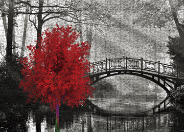 Scarlet Solitude Classic Puzzles For Adults 1000 Pieces, Black And White Bridge And Red Tree Jigsaw Puzzles, Wall Art Puzzles Fo