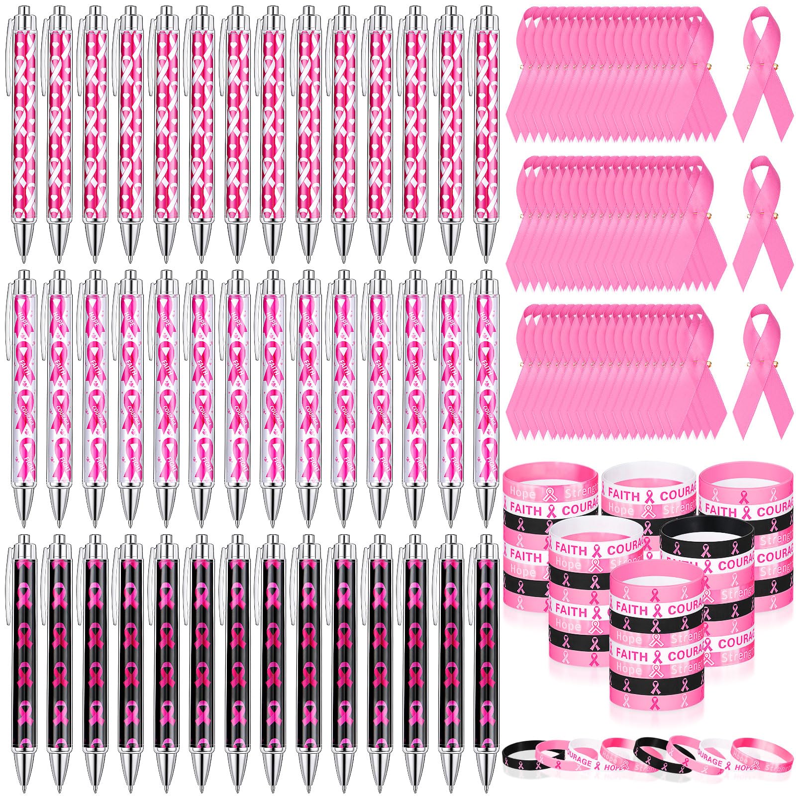 Seajan 180 Pcs Breast Cancer Awareness Accessories 60 Cancer Awareness Ribbon Pen 60 Pink Ribbon Bracelets 60 Breast Cancer Pins