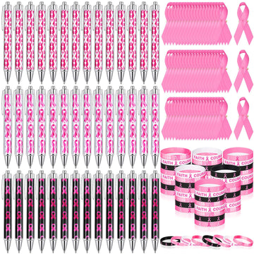 Seajan 180 Pcs Breast Cancer Awareness Accessories 60 Cancer Awareness Ribbon Pen 60 Pink Ribbon Bracelets 60 Breast Cancer Pins