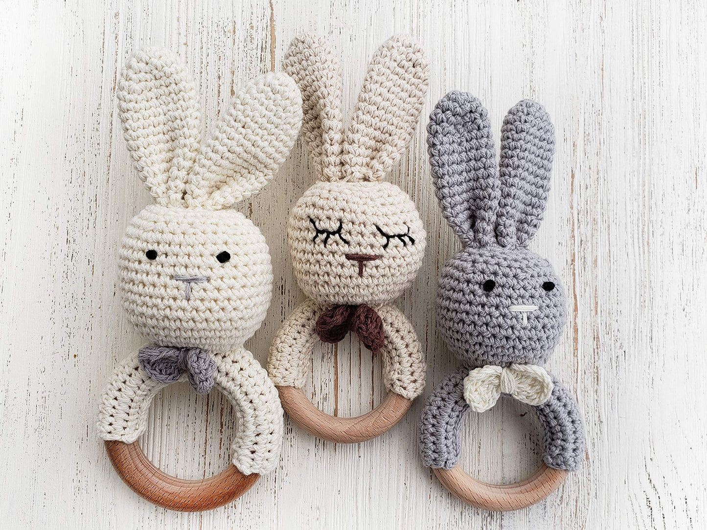 Natural Crochet Teether Toy Rattle For Baby Forest Friends Handmade Amigurumi Crochet Bunny Deer Fox On Natural Wooden Teething Ring Rattle Natural Baby Toys (Organic Bunny)