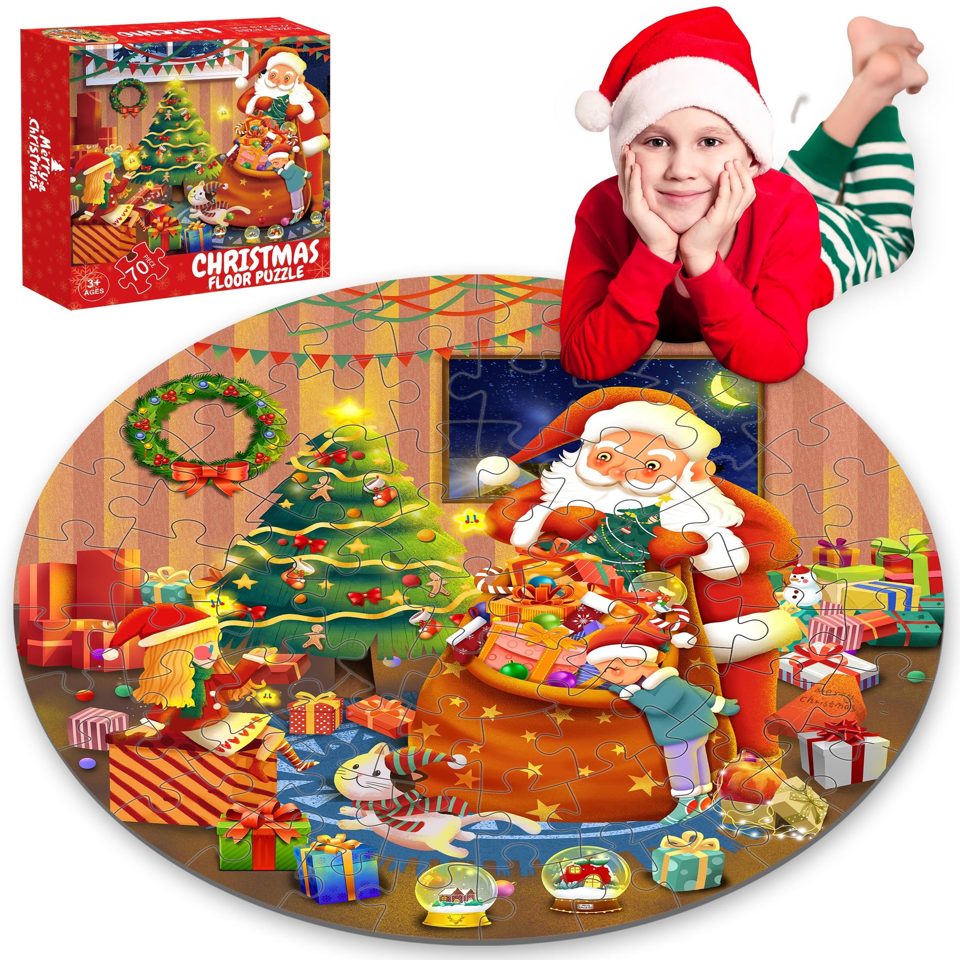 Christmas Floor Puzzles For Kids Age 4-8, 70Pcs Large Christmas Jigsaw Puzzles For Kids Age 8-10, Learn Educational Toys Xmas Gifts For Kids Boy Girls