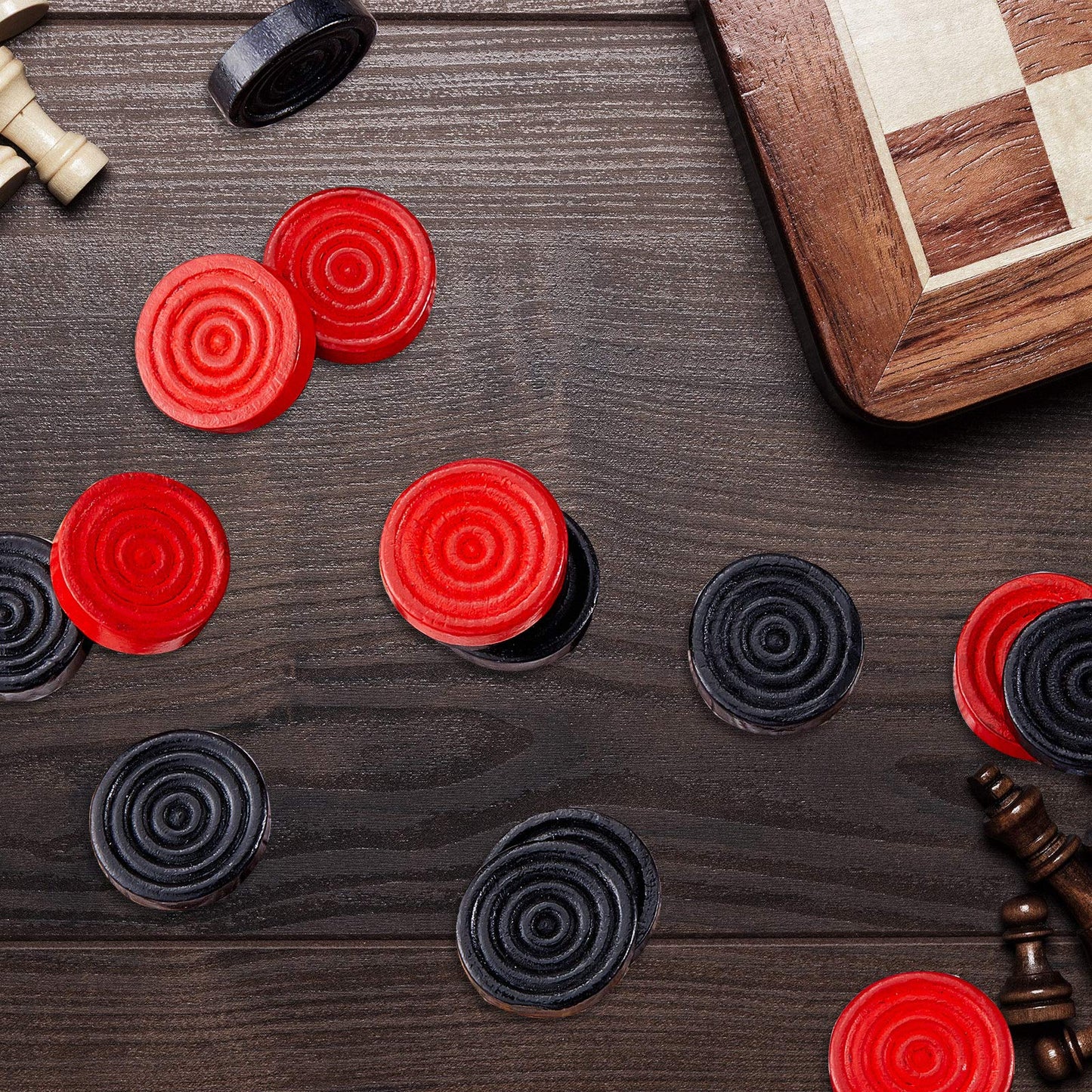 24 Pieces Wooden Checkers Pieces 1.06 Inch Checkers Board Game Pieces Stackable Ridge In Drawstring Storage Pouch, Red And Black
