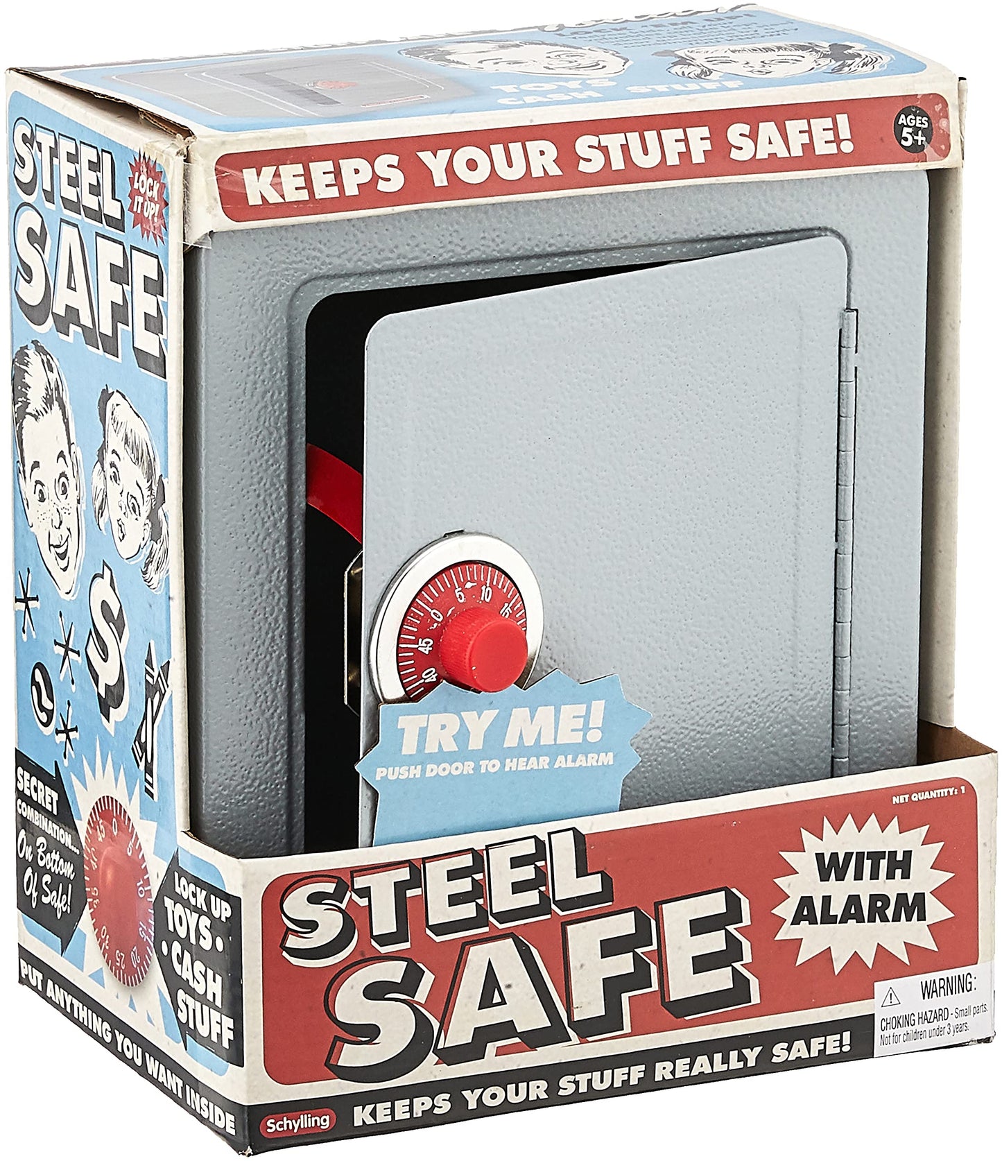 Schylling Classic 9" Steel Safe Bank with Alarm - Retro Treasure Box, Alloy Steel, Multi Color, Model NSSA, Ages 5-10