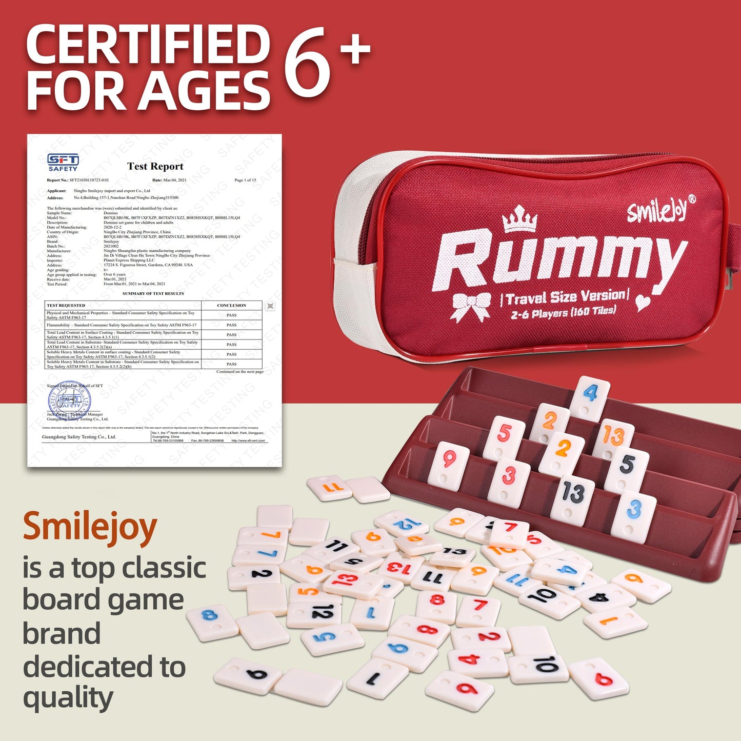 Smilejoy Mini Rummy Cube Game Set - Six Player Edition, Travel Size with Canvas Bag, 160 Tiles, Multicolored, Model L-Rummy1