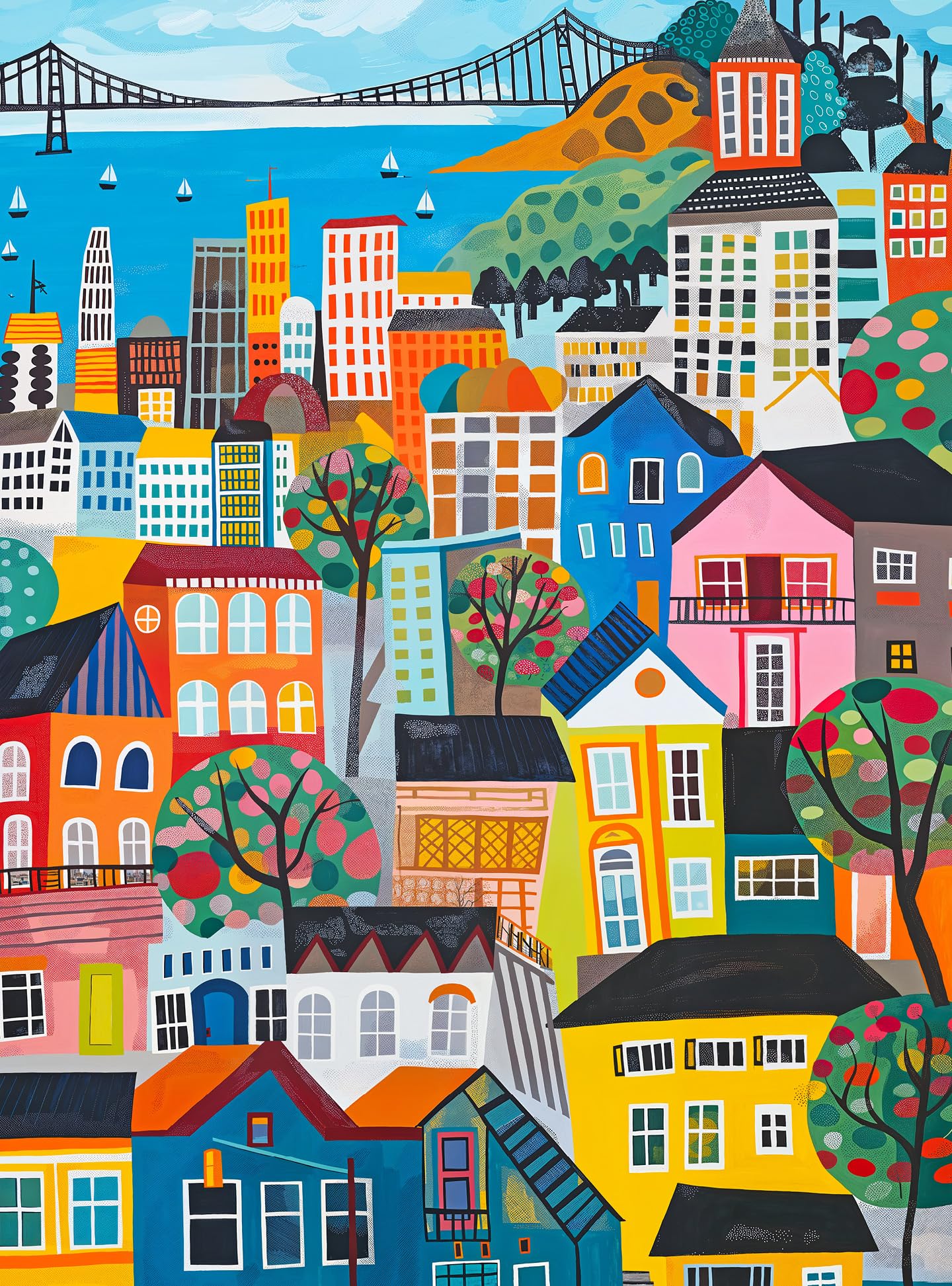 Cross & Glory - Bay Breeze & Bright Lights - 1000 Piece Jigsaw Puzzle For Adults | Vibrant San Francisco Folk Art Puzzle | Uniqu