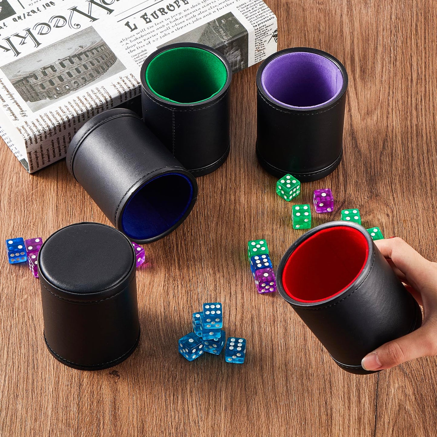 5 Pack Black Leather Dice Cups with Colorful Velvet Felt-Lined Interior and 30 Matching Colorful Transparent Dices