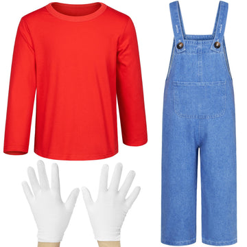 Plumber Costume For Kids Shirt Overalls Glove Boys Halloween Party Cosplay 2-3T Red