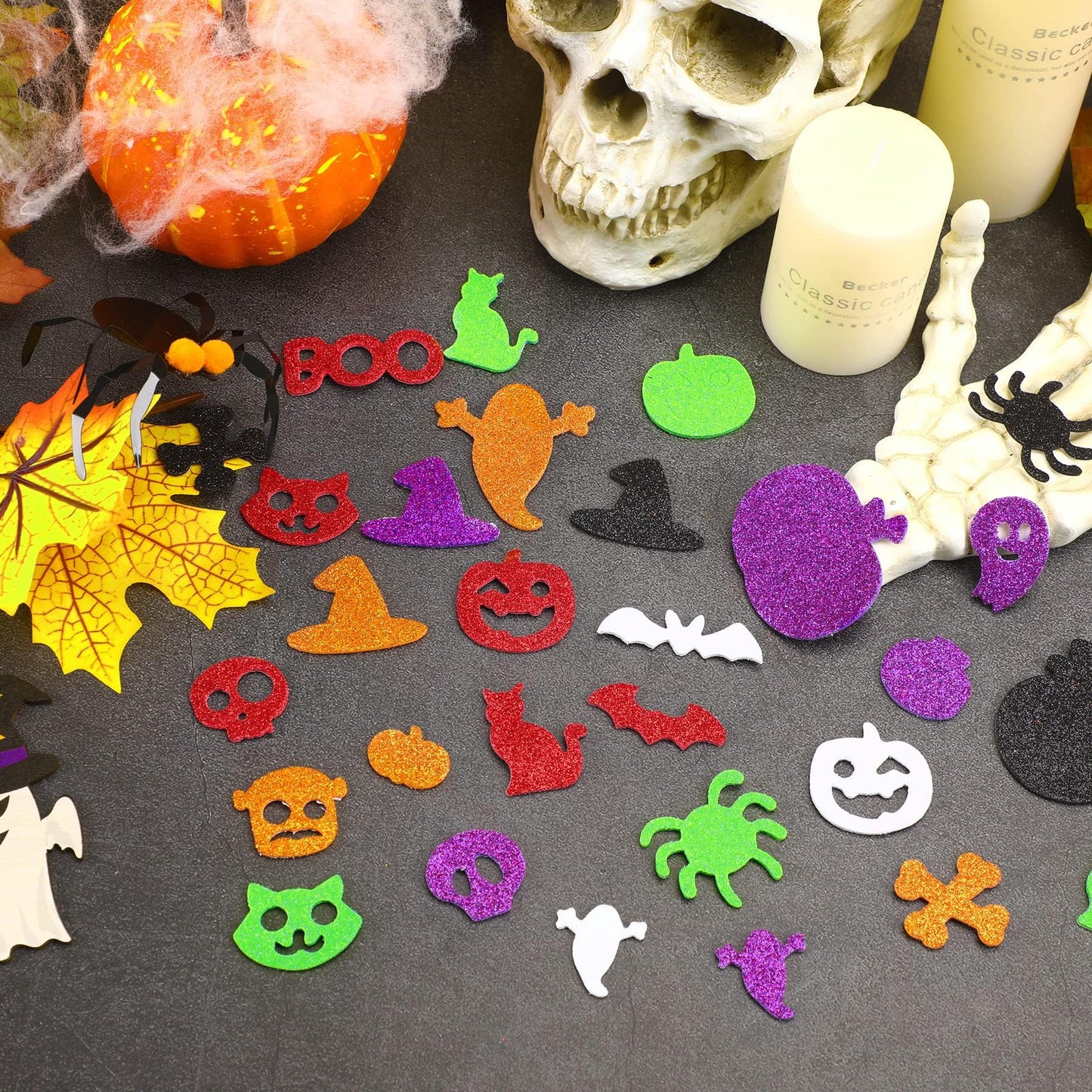 JULBEAR 300 Pieces Halloween Foam Stickers Glitter Self-Adhesive Pumpkin Spider Bat Craft Stickers for Kids Halloween Party Favo