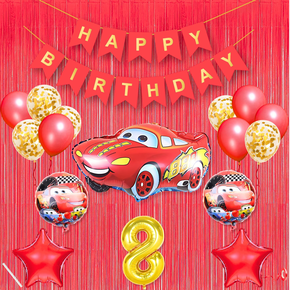 8Th Car Theme Happy Birthday Banner Decoration Red For 8 Year Old Baby Boys Girls Kids 5 Pc Lightning Macqueen Theme 10 Pc Confe