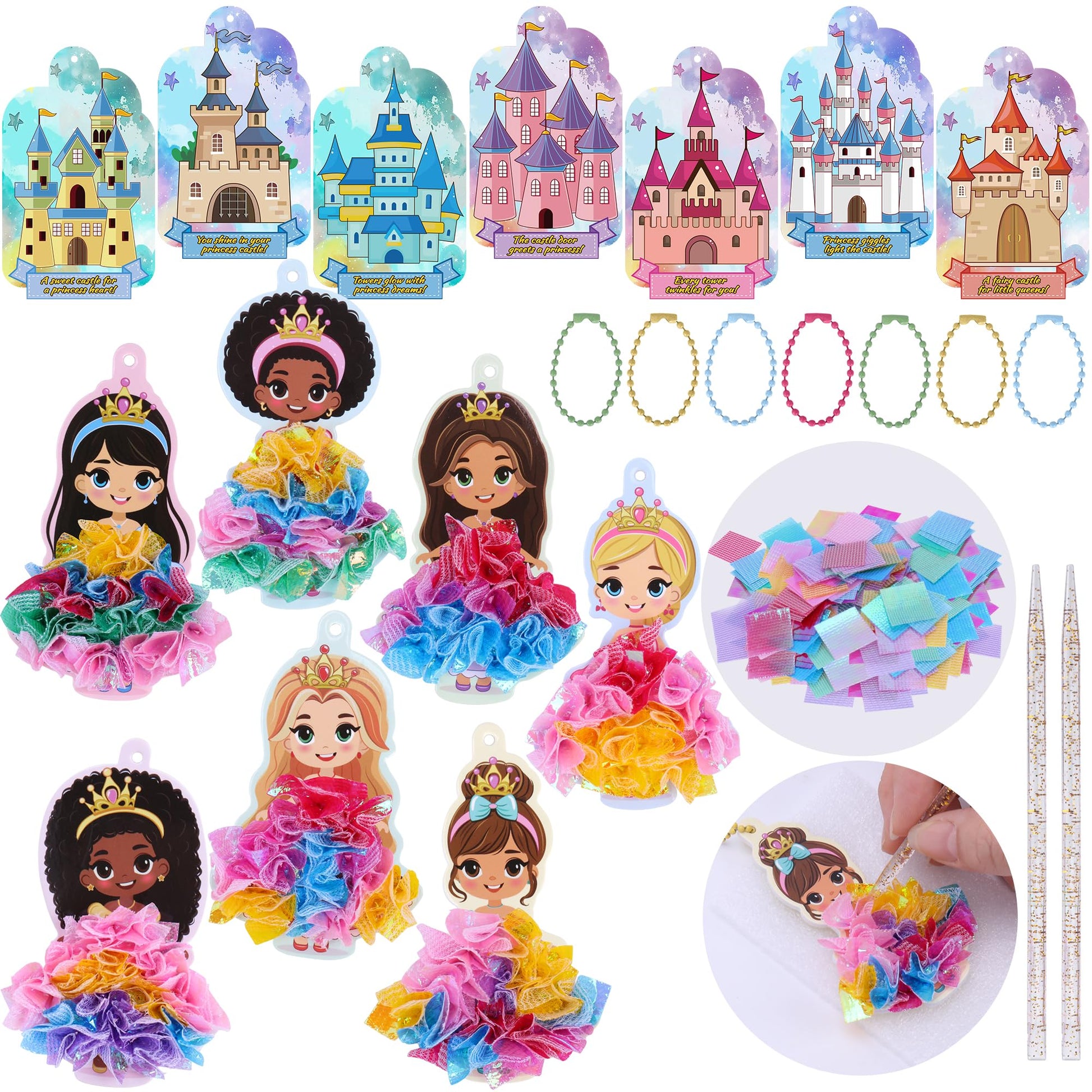 28 Pack Valentines Day Gifts for Girls School Classroom Exchange, Princess Poke Art Kits with Castle Cards, Ribbons and Tools, N