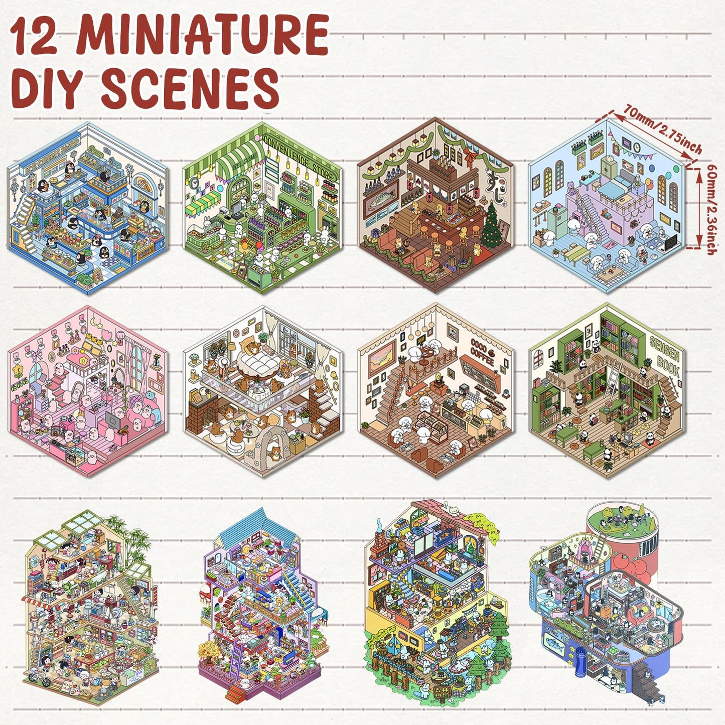 DIY 3D Sticker Scene, 12 Sets Fun DIY 3D House Stickers, Make Your Own Mini Room Scenes, Cute Cartoon 3D Miniature Scene Sticker