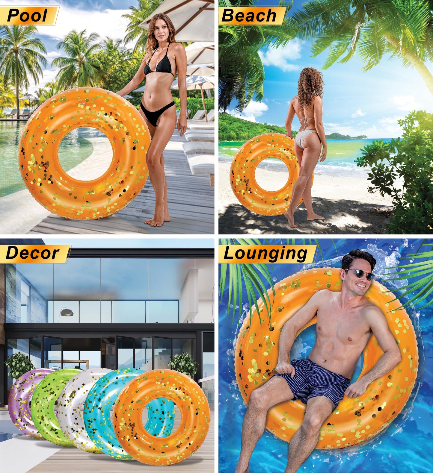 CoTa Global Inflatable Pool Float Tube - 36" Heavy Duty PVC Vinyl Ring, Sparkly Confetti, Orange Gold, Model 201164 for Kids & Adults