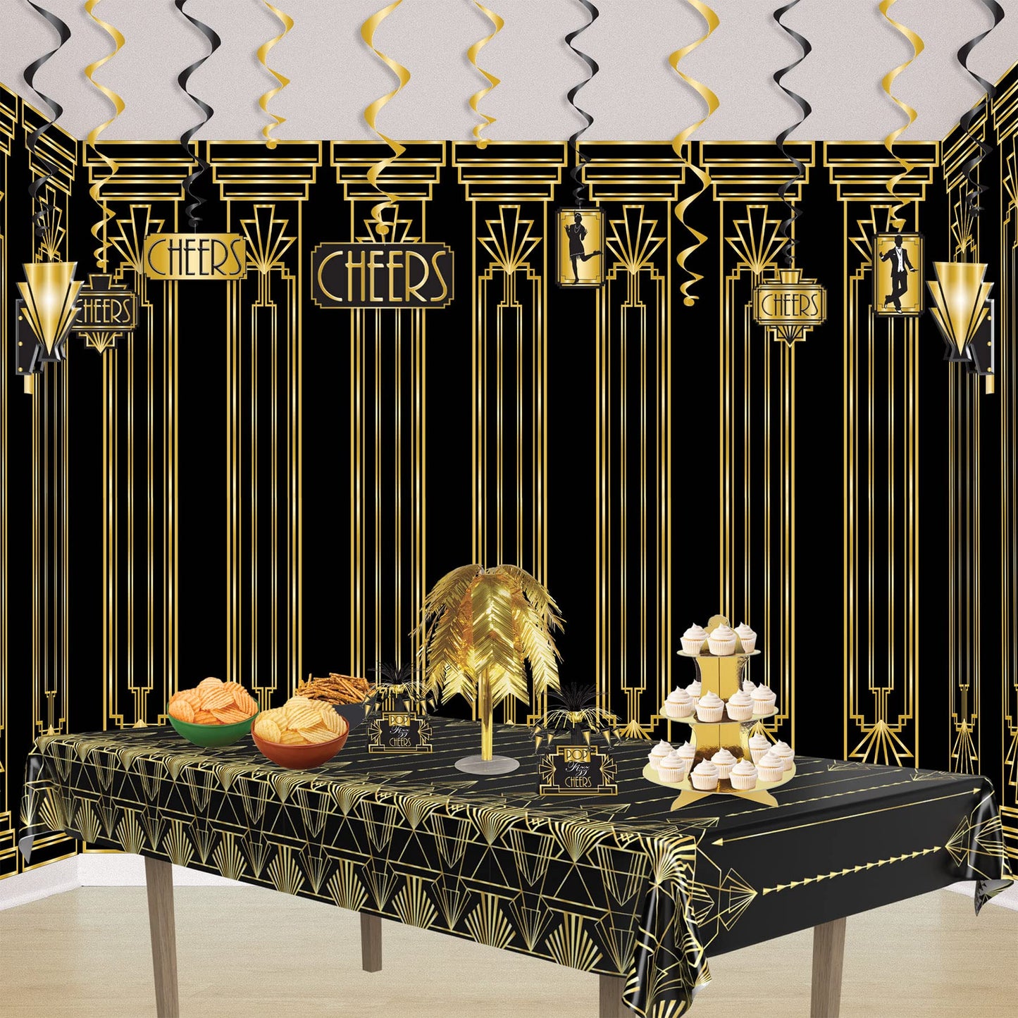 Beistle 24 Piece Roaring 20 Swirls 1920s Theme Party Decorations Dangling Whirls, 17-32, Black/Gold