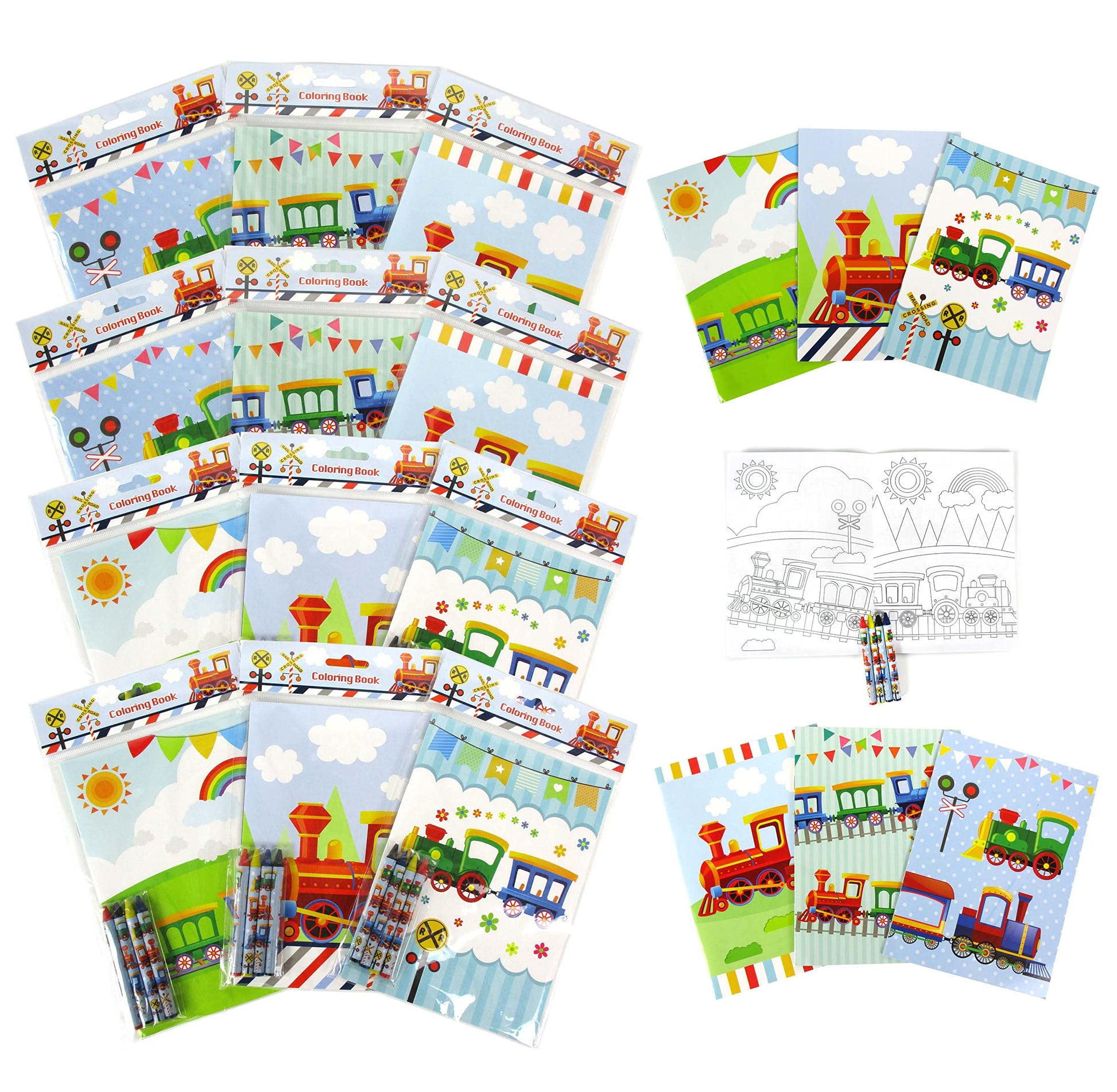 Tiny Mills Train Coloring Book Set with 12 Coloring Books and 48 Crayons Train Birthday Party Favor Bag Filler Rewards Classroom