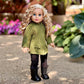 - Autumn Stroll - 4 Piece Outfit For 18 Inch Doll - Green Coat, White Blouse, Black Velvet Leggings, Black Boots (Dolls Not Included)