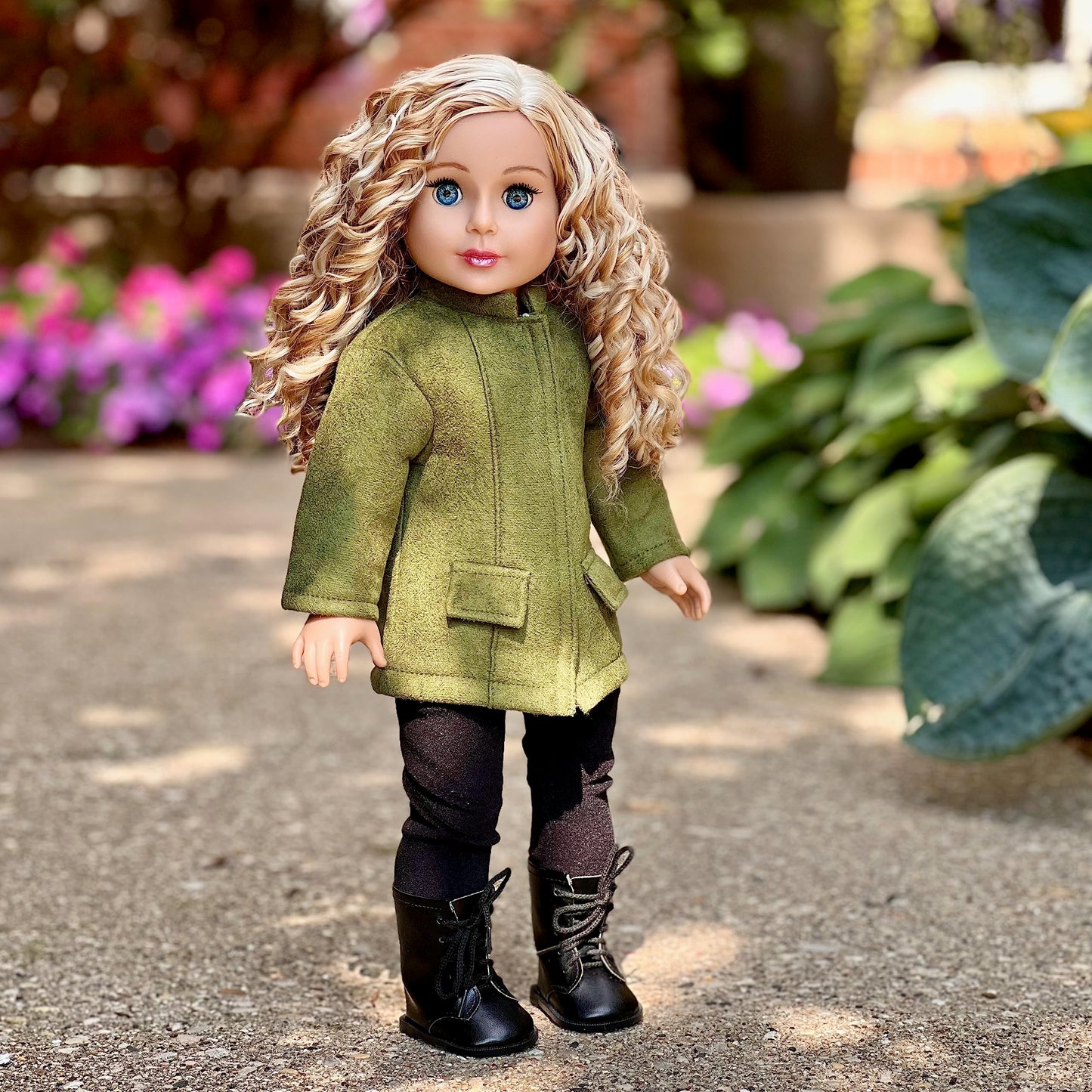 - Autumn Stroll - 4 Piece Outfit For 18 Inch Doll - Green Coat, White Blouse, Black Velvet Leggings, Black Boots (Dolls Not Included)