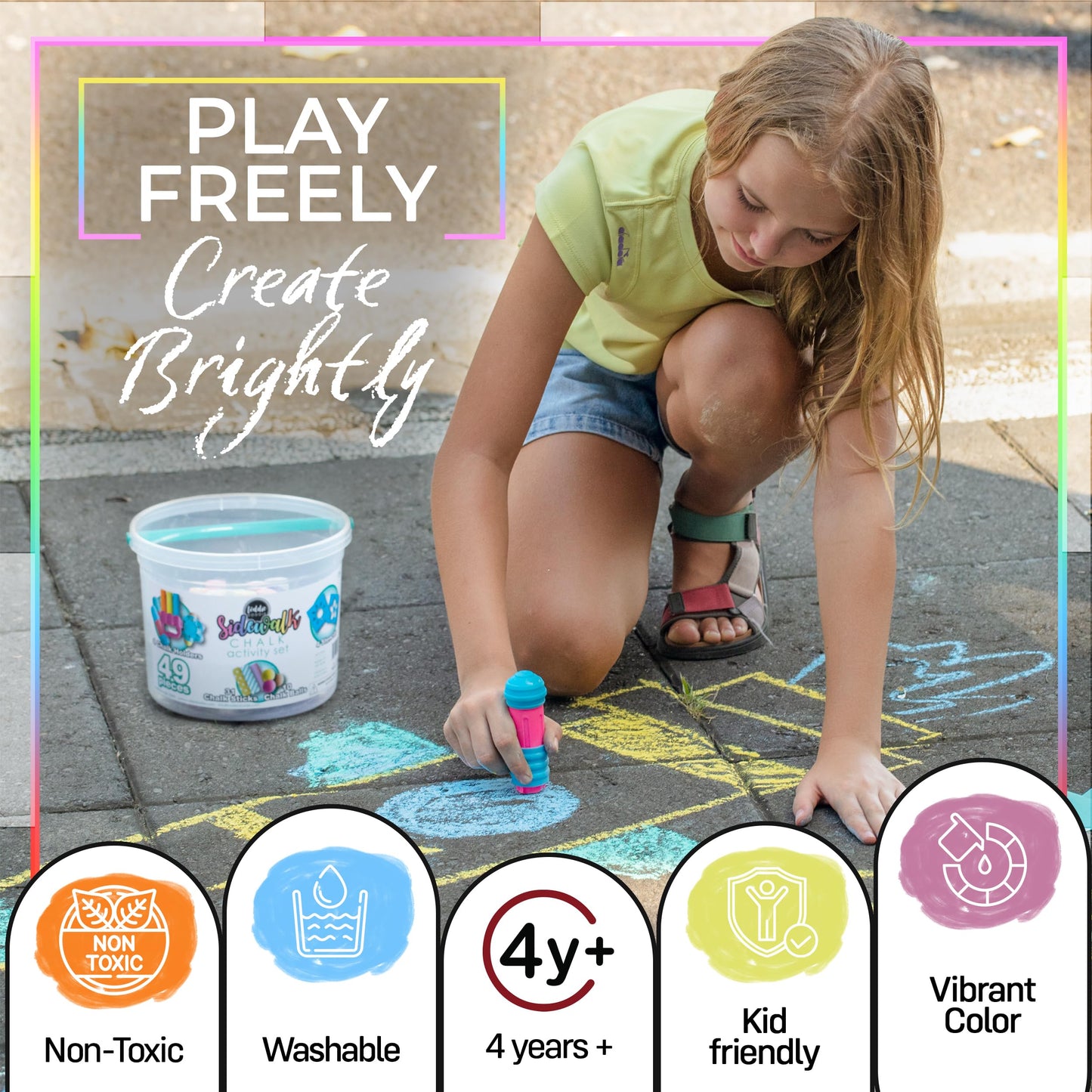 Loddie Doddie 49pc Sidewalk Chalk Bucket - Outdoor Activity Play Set for Kids, 31 Assorted Chalk Sticks, 4 Holders, 10 Ball Refi