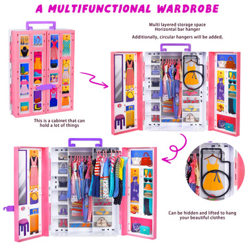 Doll Closet Playset With Doll, 342 Pcs Clothes And Accessories, Princess Dresses Top Pants Swimsuits Wardrobe Shoes Hangers And Other Accessories, Doll Dress Up Toys For Girls Toddlers Gift Toys