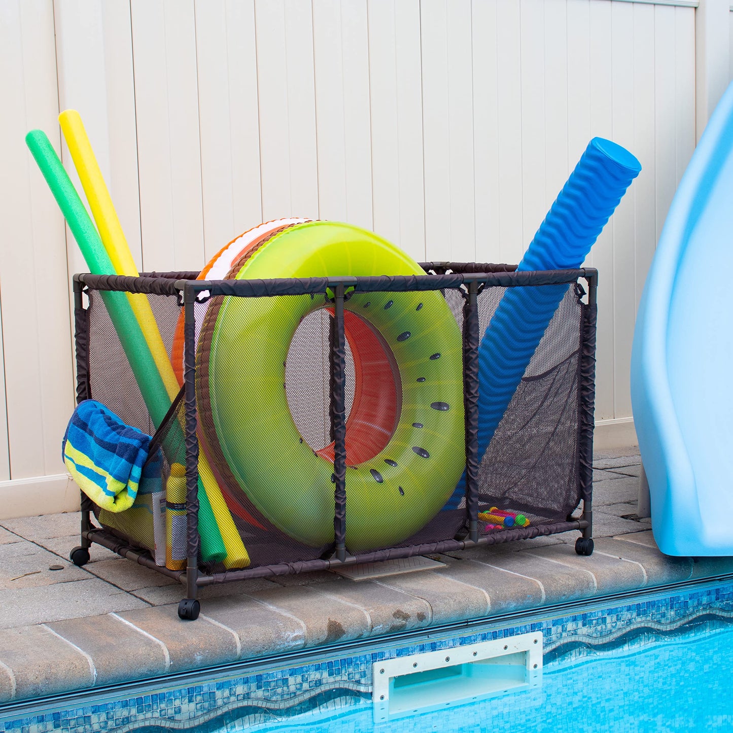 Pool Bins Pool Noodles Holder, Toys, Balls, Floats and Equipment Mesh Rolling Storage Organizer Bin, Kids Height, Large (25'' L