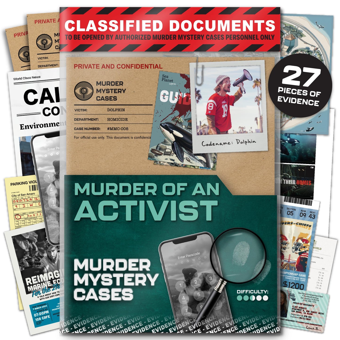 MMC Death of an Activist - Thrilling Murder Mystery Games for Adults at Sea Planet in California - 27 Evidence Pieces, 150 Min G