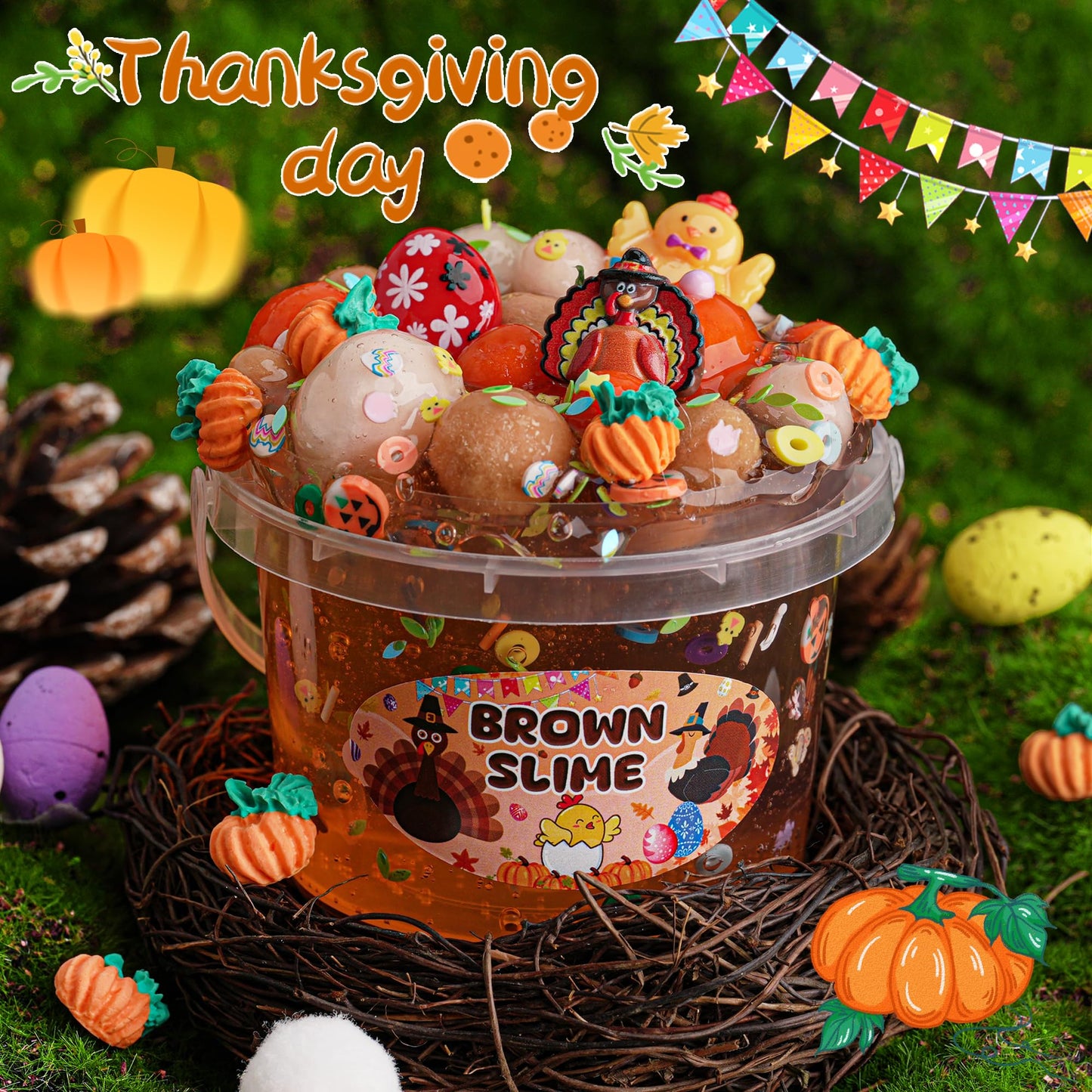 Brown Slime Kit, Clear Slime Bucket With Pumpkin Slime Clay & Turkey Slime Add-Ins, Slime Party Favors For Kids, Sensory Toys Gi